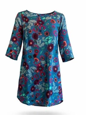 🌺 BeBop Floral Tunic Dress | SIZE SMALL | Teal Boho Chic Flowy 3/4 Sleeve